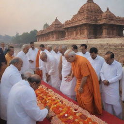 World leaders, including current Prime Ministers and Presidents, devoutly praying to Lord Ram at the historical Ayodhya site, under a sky softly lit by the setting sun