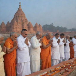 World leaders, including current Prime Ministers and Presidents, devoutly praying to Lord Ram at the historical Ayodhya site, under a sky softly lit by the setting sun