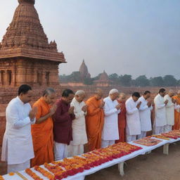 World leaders, including current Prime Ministers and Presidents, devoutly praying to Lord Ram at the historical Ayodhya site, under a sky softly lit by the setting sun