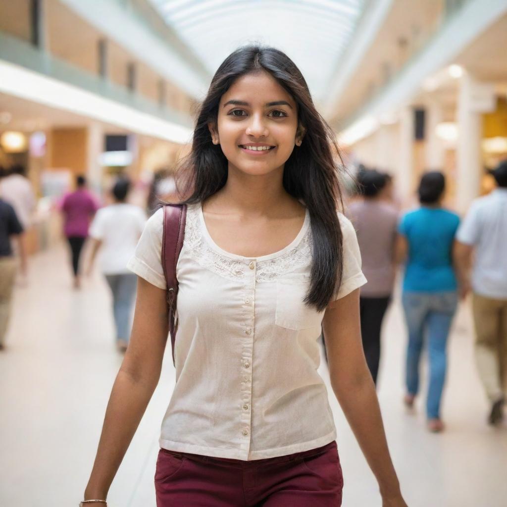 A youthful and confident Indian girl strolling through a bustling, feature-rich mall, surrounded by various shops and people.