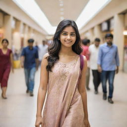 A youthful and confident Indian girl strolling through a bustling, feature-rich mall, surrounded by various shops and people.