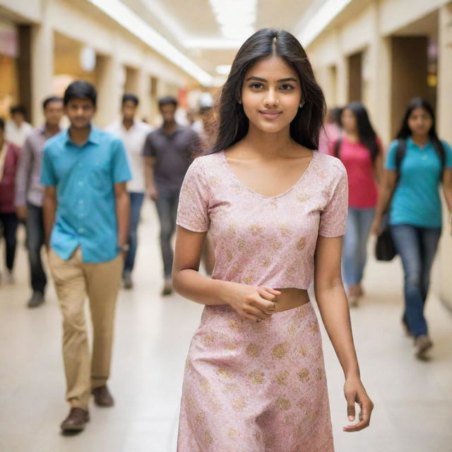 A youthful and confident Indian girl strolling through a bustling, feature-rich mall, surrounded by various shops and people.