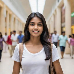 A youthful and confident Indian girl strolling through a bustling, feature-rich mall, surrounded by various shops and people.