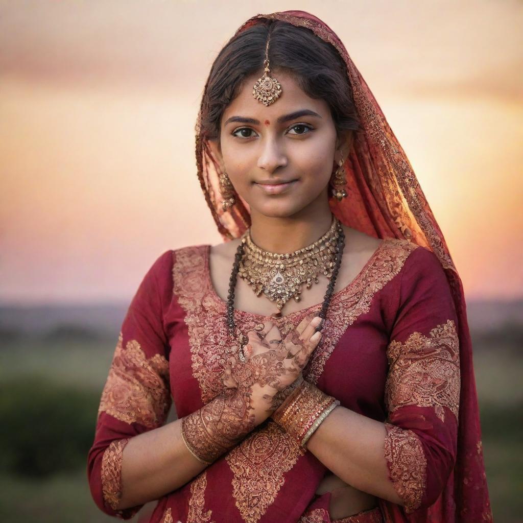 A portrait of a young Indian girl, dressed in traditional Indian clothing, with beautiful henna designs on her hands, standing against the backdrop of a vibrant sunset.