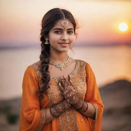 A portrait of a young Indian girl, dressed in traditional Indian clothing, with beautiful henna designs on her hands, standing against the backdrop of a vibrant sunset.