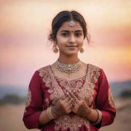 A portrait of a young Indian girl, dressed in traditional Indian clothing, with beautiful henna designs on her hands, standing against the backdrop of a vibrant sunset.