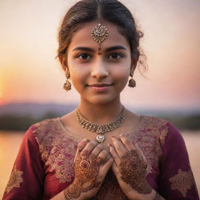 A portrait of a young Indian girl, dressed in traditional Indian clothing, with beautiful henna designs on her hands, standing against the backdrop of a vibrant sunset.