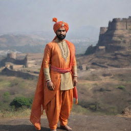 A regal depiction of King Shivaji, the renowned Maratha king, dressed in traditional attire, posing valiantly against an old Indian fortress backdrop.