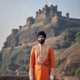 A regal depiction of King Shivaji, the renowned Maratha king, dressed in traditional attire, posing valiantly against an old Indian fortress backdrop.