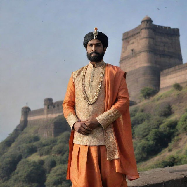 A regal depiction of King Shivaji, the renowned Maratha king, dressed in traditional attire, posing valiantly against an old Indian fortress backdrop.