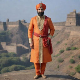 A regal depiction of King Shivaji, the renowned Maratha king, dressed in traditional attire, posing valiantly against an old Indian fortress backdrop.