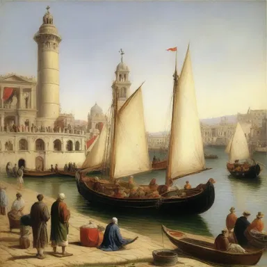 In the painting, the small boats in the background are incidentally depicted with intricate detail.