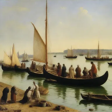 In the painting, the small boats in the background are incidentally depicted with intricate detail.