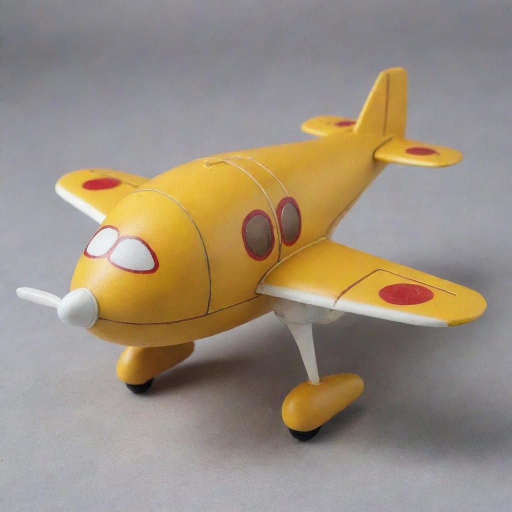 A detailed image of a toy airplane designed to look like a momo, or Tibetan dumpling, with round plump body, engineless wings, and a cute propeller nose.