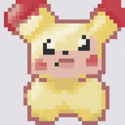 A 32x32 pixel art of Pikachu from Pokémon, showcasing its distinctive features including round body, long ears, red cheeks, and a cheerful smile