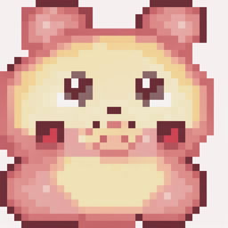 A 32x32 pixel art of Pikachu from Pokémon, showcasing its distinctive features including round body, long ears, red cheeks, and a cheerful smile