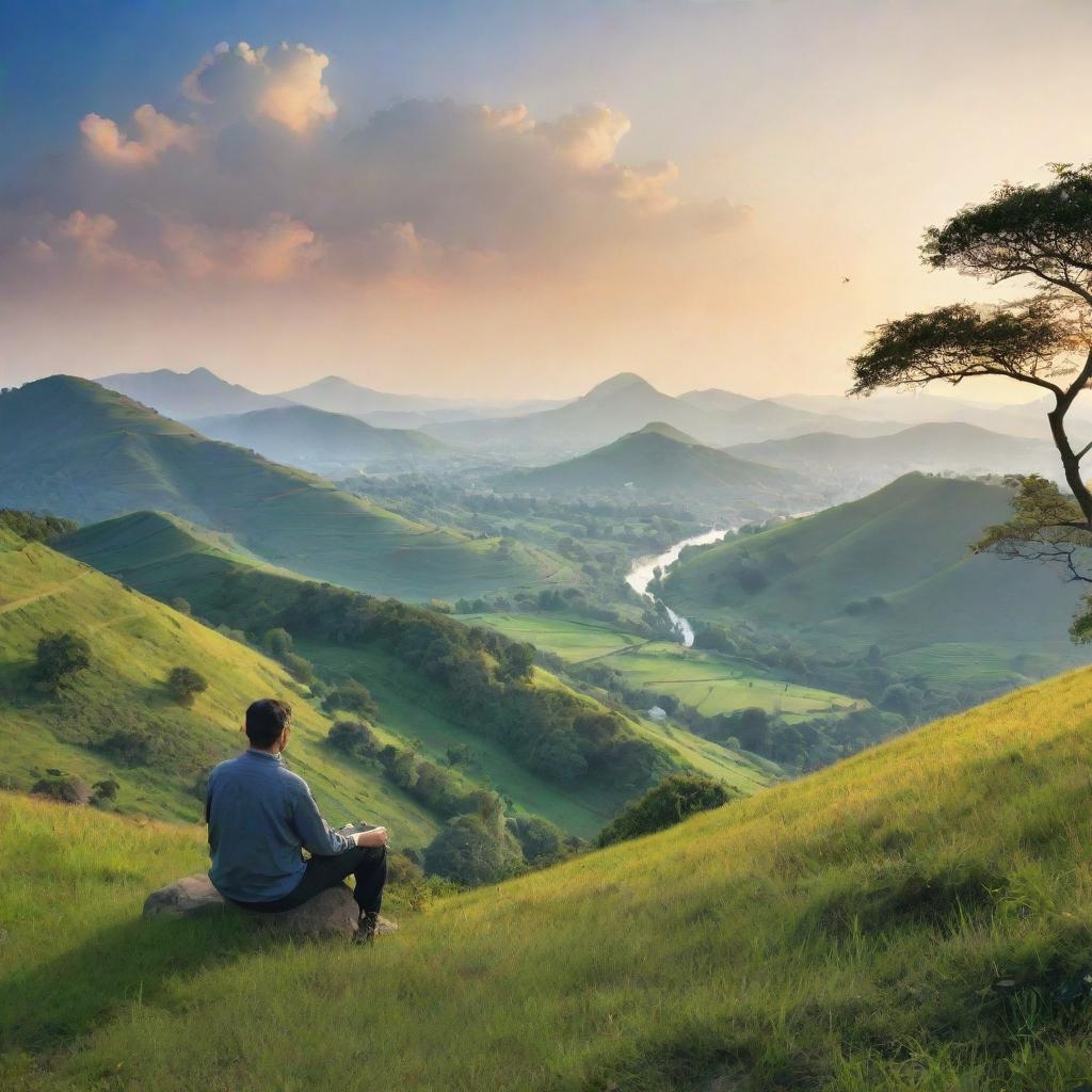 A man sitting atop a tranquil hill surrounded by a vibrant symphony of the natural world. Picture lush landscapes, various animals, and the inviting serenity of untouched nature.