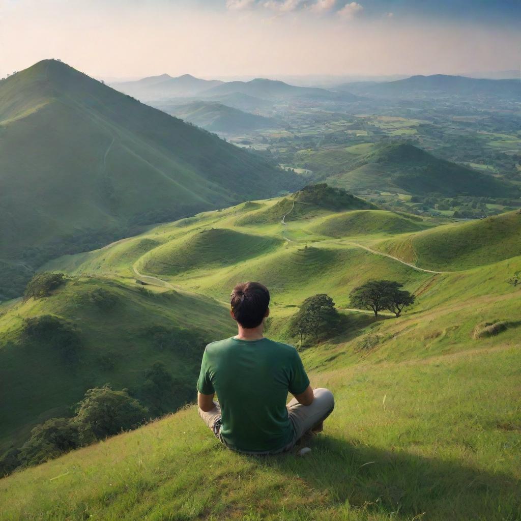 A man sitting atop a tranquil hill surrounded by a vibrant symphony of the natural world. Picture lush landscapes, various animals, and the inviting serenity of untouched nature.