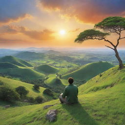 A man sitting atop a tranquil hill surrounded by a vibrant symphony of the natural world. Picture lush landscapes, various animals, and the inviting serenity of untouched nature.