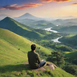 A man sitting atop a tranquil hill surrounded by a vibrant symphony of the natural world. Picture lush landscapes, various animals, and the inviting serenity of untouched nature.