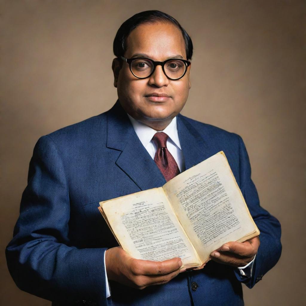 A respectful portrait of Dr. B.R. Ambedkar, a significant figure in Indian history, known for his intellect and efforts towards social justice, holding the constitution of India.