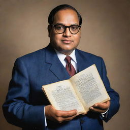 A respectful portrait of Dr. B.R. Ambedkar, a significant figure in Indian history, known for his intellect and efforts towards social justice, holding the constitution of India.