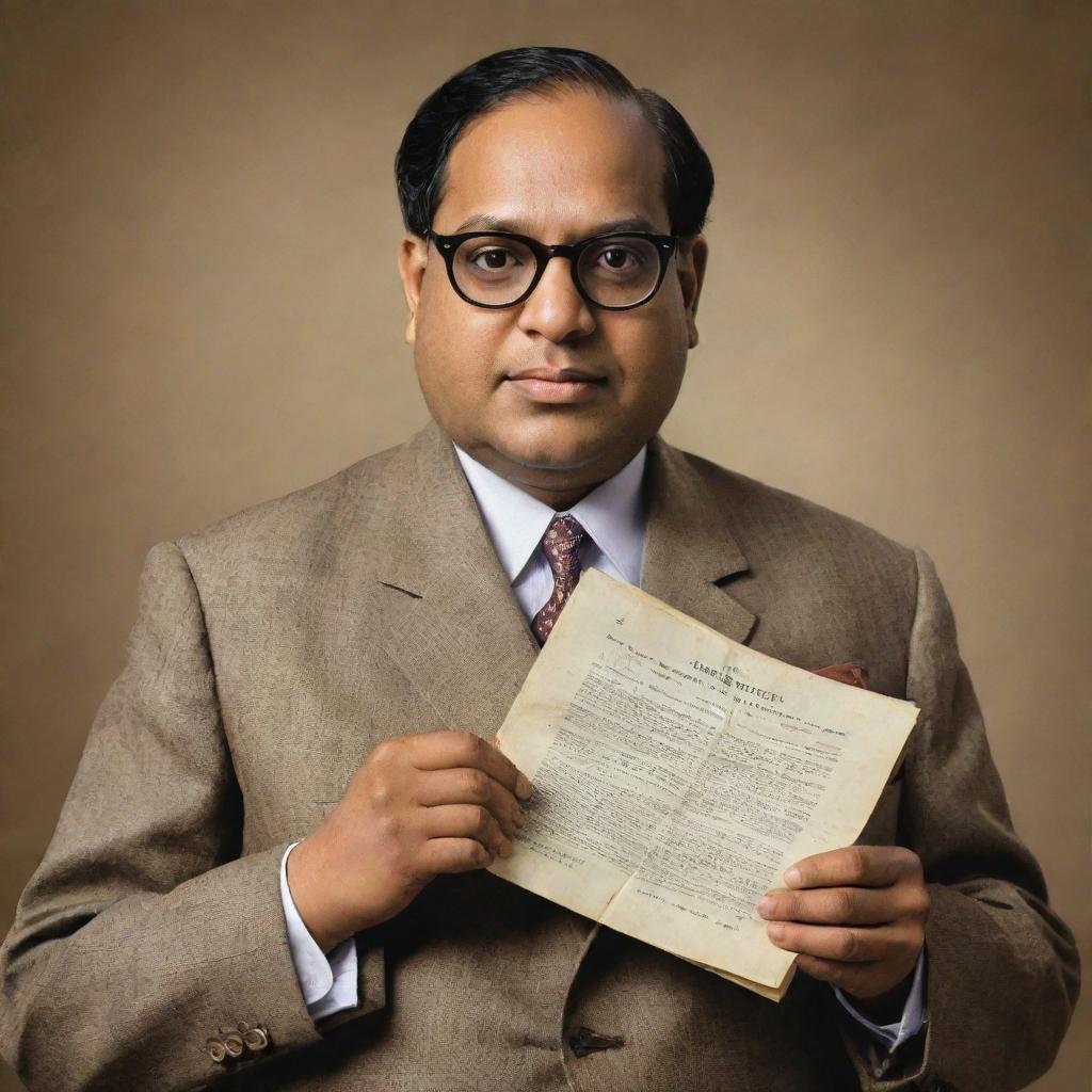 A respectful portrait of Dr. B.R. Ambedkar, a significant figure in Indian history, known for his intellect and efforts towards social justice, holding the constitution of India.