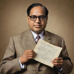 A respectful portrait of Dr. B.R. Ambedkar, a significant figure in Indian history, known for his intellect and efforts towards social justice, holding the constitution of India.