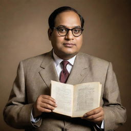 A respectful portrait of Dr. B.R. Ambedkar, a significant figure in Indian history, known for his intellect and efforts towards social justice, holding the constitution of India.