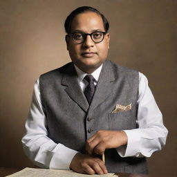 A respectful portrait of Dr. B.R. Ambedkar, a significant figure in Indian history, known for his intellect and efforts towards social justice, holding the constitution of India.