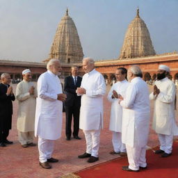 Prominent leaders like Narendra Modi, Joe Biden, Vladimir Putin, Georgia Meloni, Sheikh Hasina, Sheikh Mohamed bin Zayed Al Nahyan, and Emmanuel Macron, united in prayer to Lord Ram at the sacred site of Ayodhya with a tranquil sunset background