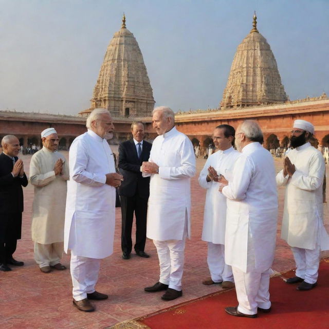 Prominent leaders like Narendra Modi, Joe Biden, Vladimir Putin, Georgia Meloni, Sheikh Hasina, Sheikh Mohamed bin Zayed Al Nahyan, and Emmanuel Macron, united in prayer to Lord Ram at the sacred site of Ayodhya with a tranquil sunset background