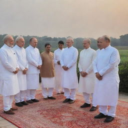 Prominent leaders like Narendra Modi, Joe Biden, Vladimir Putin, Georgia Meloni, Sheikh Hasina, Sheikh Mohamed bin Zayed Al Nahyan, and Emmanuel Macron, united in prayer to Lord Ram at the sacred site of Ayodhya with a tranquil sunset background