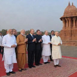 Prominent leaders like Narendra Modi, Joe Biden, Vladimir Putin, Georgia Meloni, Sheikh Hasina, Sheikh Mohamed bin Zayed Al Nahyan, and Emmanuel Macron, united in prayer to Lord Ram at the sacred site of Ayodhya with a tranquil sunset background