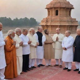 Prominent leaders like Narendra Modi, Joe Biden, Vladimir Putin, Georgia Meloni, Sheikh Hasina, Sheikh Mohamed bin Zayed Al Nahyan, and Emmanuel Macron, united in prayer to Lord Ram at the sacred site of Ayodhya with a tranquil sunset background