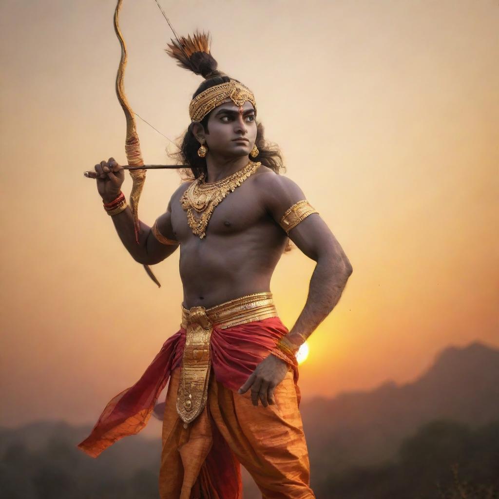 A majestic depiction of Lord Rama, hero of the Indian epic Ramayana, portrayed with a bow and arrow, in royal attire, against an ethereal sunset.