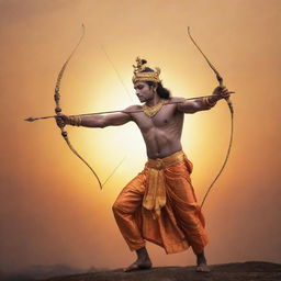 A majestic depiction of Lord Rama, hero of the Indian epic Ramayana, portrayed with a bow and arrow, in royal attire, against an ethereal sunset.