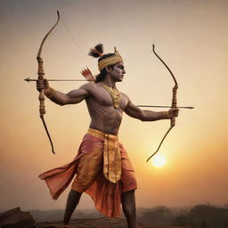 A majestic depiction of Lord Rama, hero of the Indian epic Ramayana, portrayed with a bow and arrow, in royal attire, against an ethereal sunset.