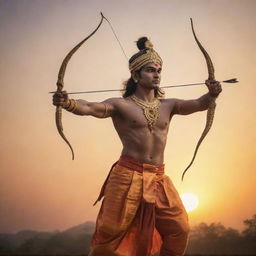 A majestic depiction of Lord Rama, hero of the Indian epic Ramayana, portrayed with a bow and arrow, in royal attire, against an ethereal sunset.