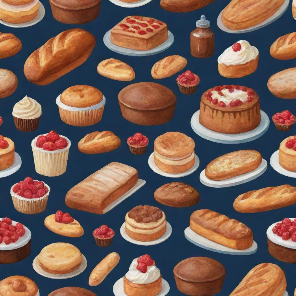 An illustrative image showcasing a variety of bakery items such as cakes, breads, and pastries, with visible elements symbolizing food preservatives, such as a shield, for extended freshness.