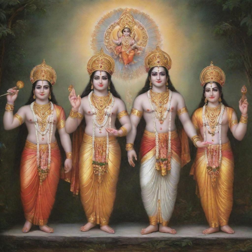 A divine gathering of Lord Rama, Lord Krishna, Hanuman, and Radha, each adorned in their respective traditional attire, bathed in heavenly light against a serene celestial backdrop.