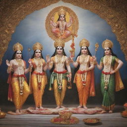 A divine gathering of Lord Rama, Lord Krishna, Hanuman, and Radha, each adorned in their respective traditional attire, bathed in heavenly light against a serene celestial backdrop.