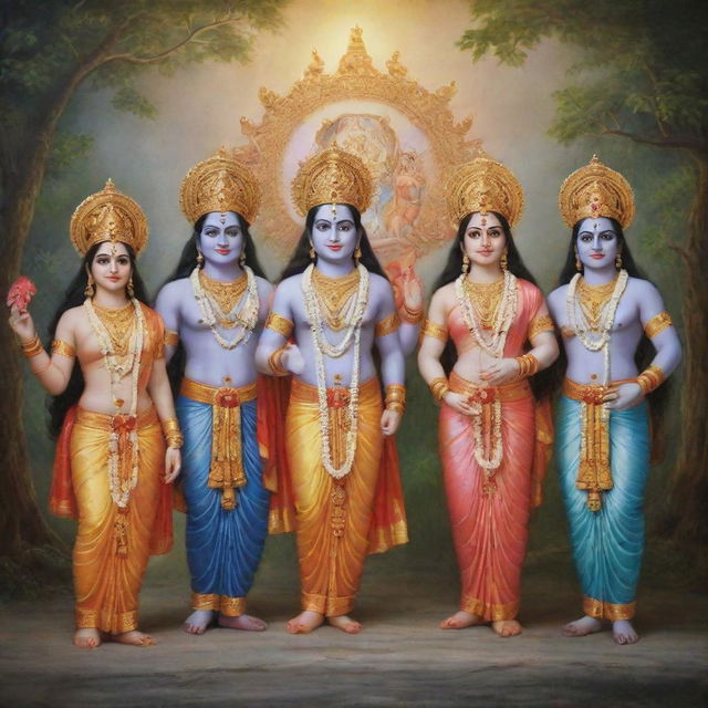 A divine gathering of Lord Rama, Lord Krishna, Hanuman, and Radha, each adorned in their respective traditional attire, bathed in heavenly light against a serene celestial backdrop.