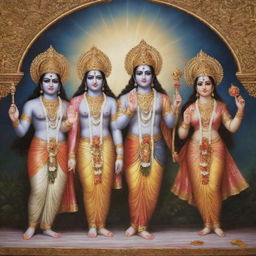 A divine gathering of Lord Rama, Lord Krishna, Hanuman, and Radha, each adorned in their respective traditional attire, bathed in heavenly light against a serene celestial backdrop.