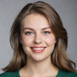 A 20-year-old woman with light brown hair, green eyes, weighing 100 kilograms and standing 175 cm tall. She has a striking smile with full lips and high cheekbones.