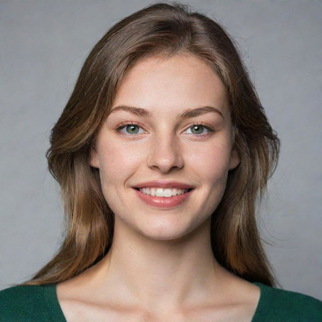 A 20-year-old woman with light brown hair, green eyes, weighing 100 kilograms and standing 175 cm tall. She has a striking smile with full lips and high cheekbones.