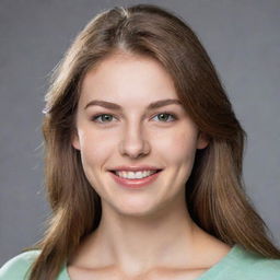 A 20-year-old woman with light brown hair, green eyes, weighing 100 kilograms and standing 175 cm tall. She has a striking smile with full lips and high cheekbones.