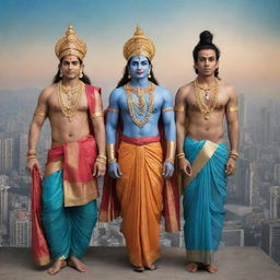 Lord Rama, Lord Krishna, Hanuman, and Radha reimagined in modern-day attire, standing together against the backdrop of a bustling contemporary cityscape in the world.