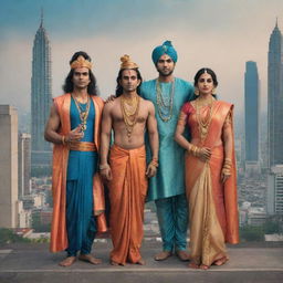 Lord Rama, Lord Krishna, Hanuman, and Radha reimagined in modern-day attire, standing together against the backdrop of a bustling contemporary cityscape in the world.