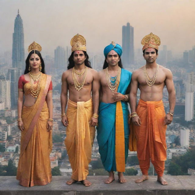 Lord Rama, Lord Krishna, Hanuman, and Radha reimagined in modern-day attire, standing together against the backdrop of a bustling contemporary cityscape in the world.